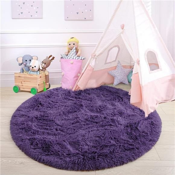 Round Rug 4x4Feet Fluffy Soft Area Rugs forKids Girls Room Princess Castle Plush - Picture 3 of 6